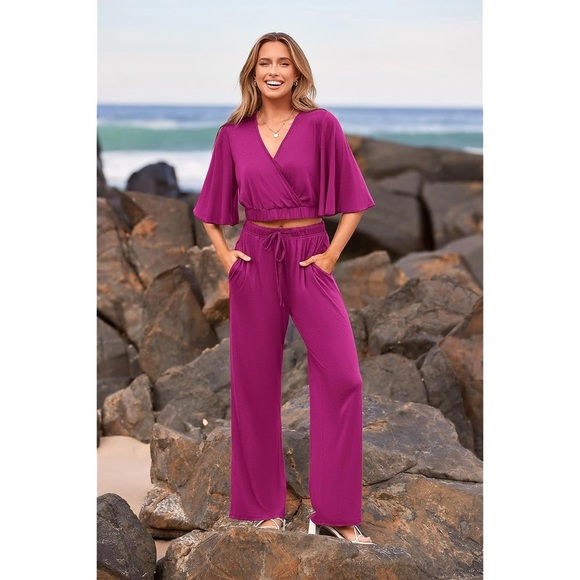 PRETTYGARDEN 2 Piece Outfits For 2024 Summer Wide Leg Pants Set Purple Size M - Picture 6 of 14